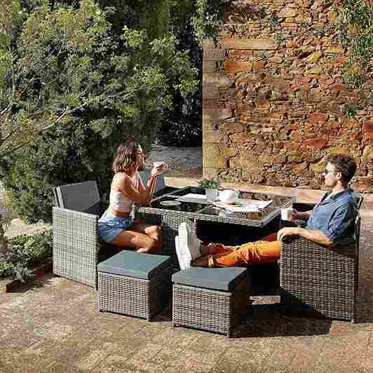 TecTake rattan garden furniture set Manhattan |6 seater including outdoor table, 4x garden chairs & 2x stool sets with aluminimum frame & durable