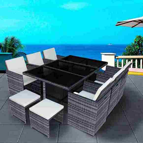 Panana Rattan Garden Furniture Set 10 Seater Dining Table and Padded Chairs Stool Outdoor Patio and Conservatory Mixed Grey_