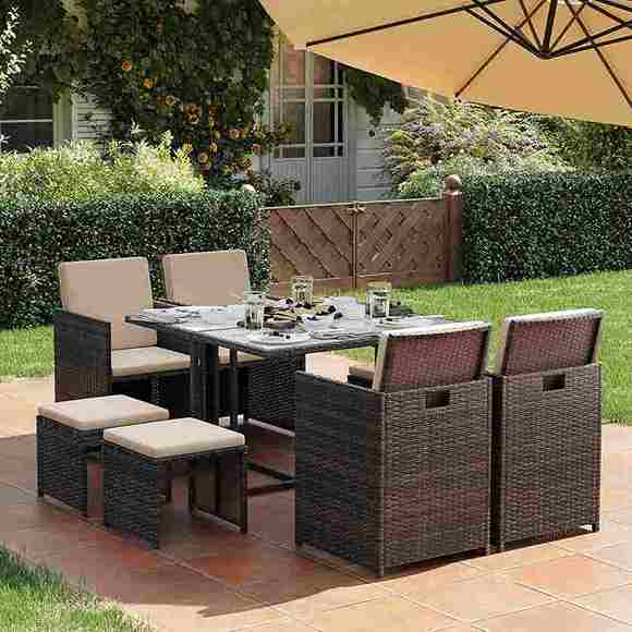 SONGMICS Garden Furniture Set Dining Table and Chairs, Set of 9 PE Rattan Outdoor Patio Furniture